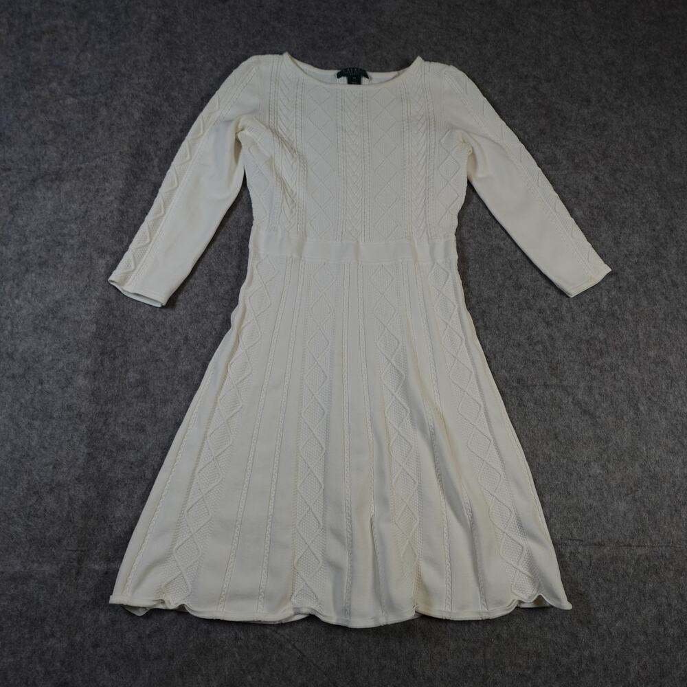 Ralph Lauren Dress Womens Medium Petite Knit Sweater Cable Knit Fit Flare White